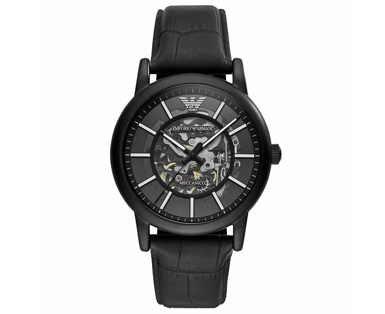 Emporio Armani AR60008 Meccanico Automatic Skeletal Black Leather Men's Watch