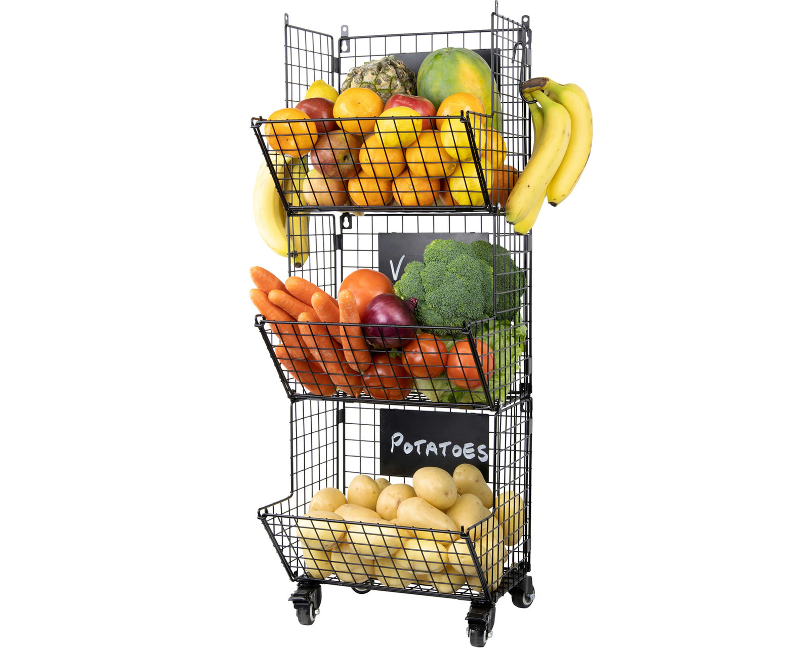 Foldee All Purpose 3 Tier Stackable Wall Mountable Storage Baskets with Wheels in Black