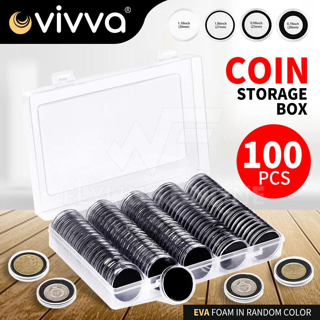 Vivva 100pcs Coin Storage Box Case Capsules Holder Plastic Round 20 25 27mm 30mm