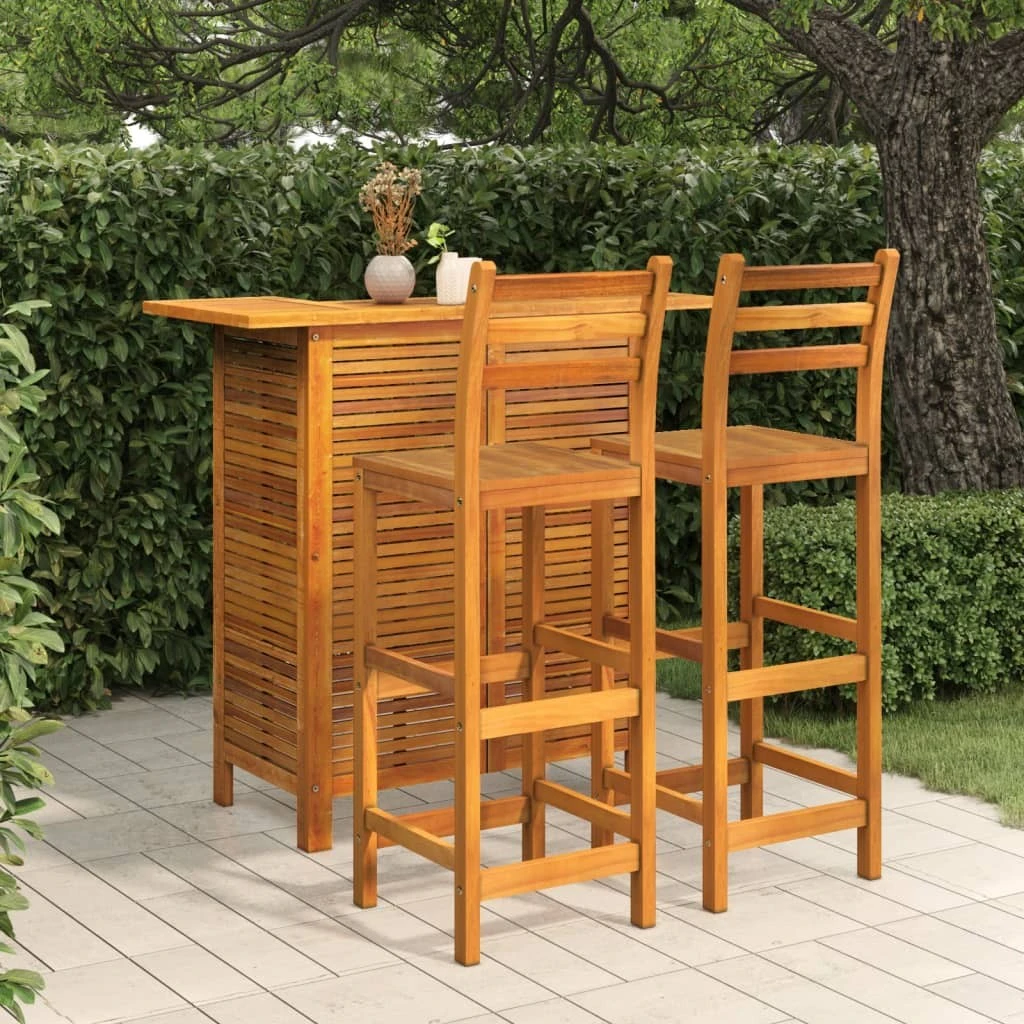 Outdoor Bar Set Hardwood Garden Patio Bar Table 2 High Chairs Barstools Wooden