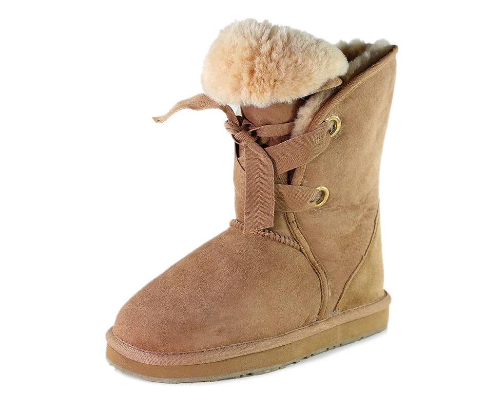 UGG Boots Women Lace-up 9"+ premium Australian shearing Sheepskins Grip-sole 3Color Siz 5-10 - Chestnut