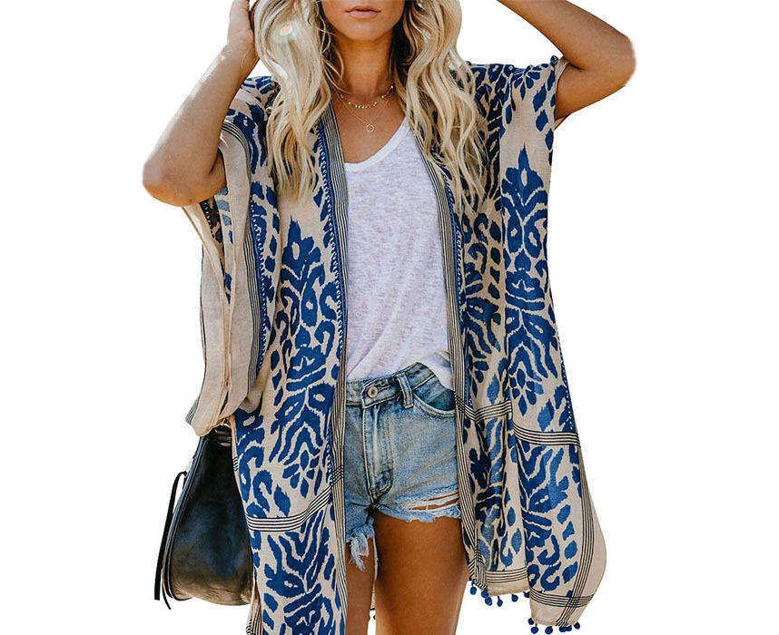 Strapsco Women Print Kimono Tassel Casual Cardigan V Neck Loose Swimsuit Cover Up Beachwear-Blue