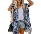 Strapsco Women Print Kimono Tassel Casual Cardigan V Neck Loose Swimsuit Cover Up Beachwear-Blue