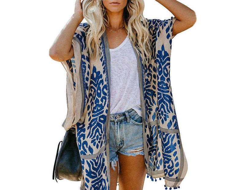 Strapsco Women Print Kimono Tassel Casual Cardigan V Neck Loose Swimsuit Cover Up Beachwear-Blue