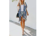 Strapsco Women Print Kimono Tassel Casual Cardigan V Neck Loose Swimsuit Cover Up Beachwear-Blue