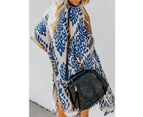 Strapsco Women Print Kimono Tassel Casual Cardigan V Neck Loose Swimsuit Cover Up Beachwear-Blue