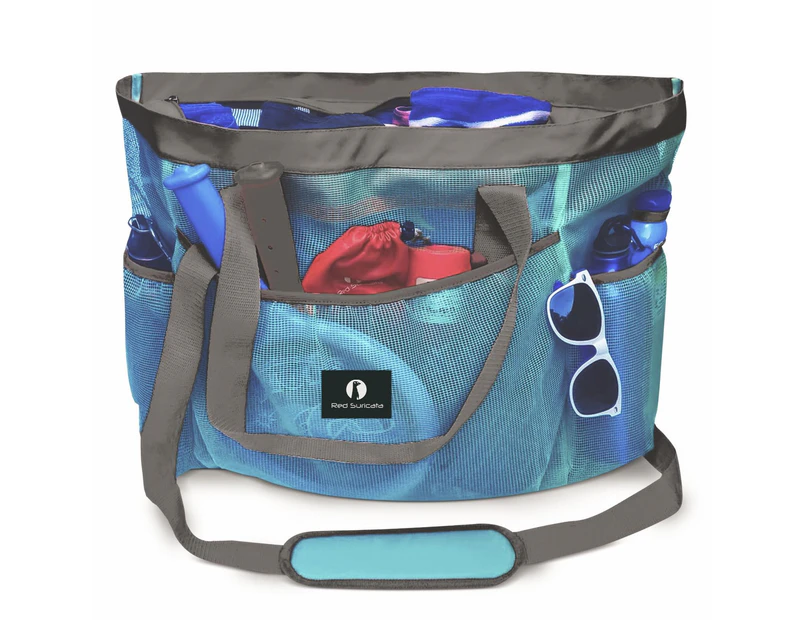 Red Suricata Extra Large Mesh Beach Tote Bag – Celeste Light Blue/Grey