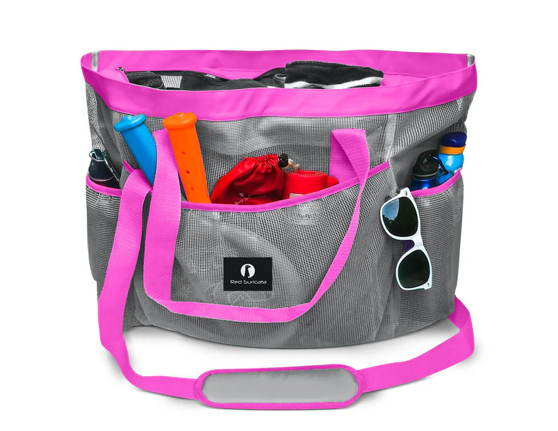 Red Suricata Extra Large Mesh Beach Tote Bag – Grey/Pink
