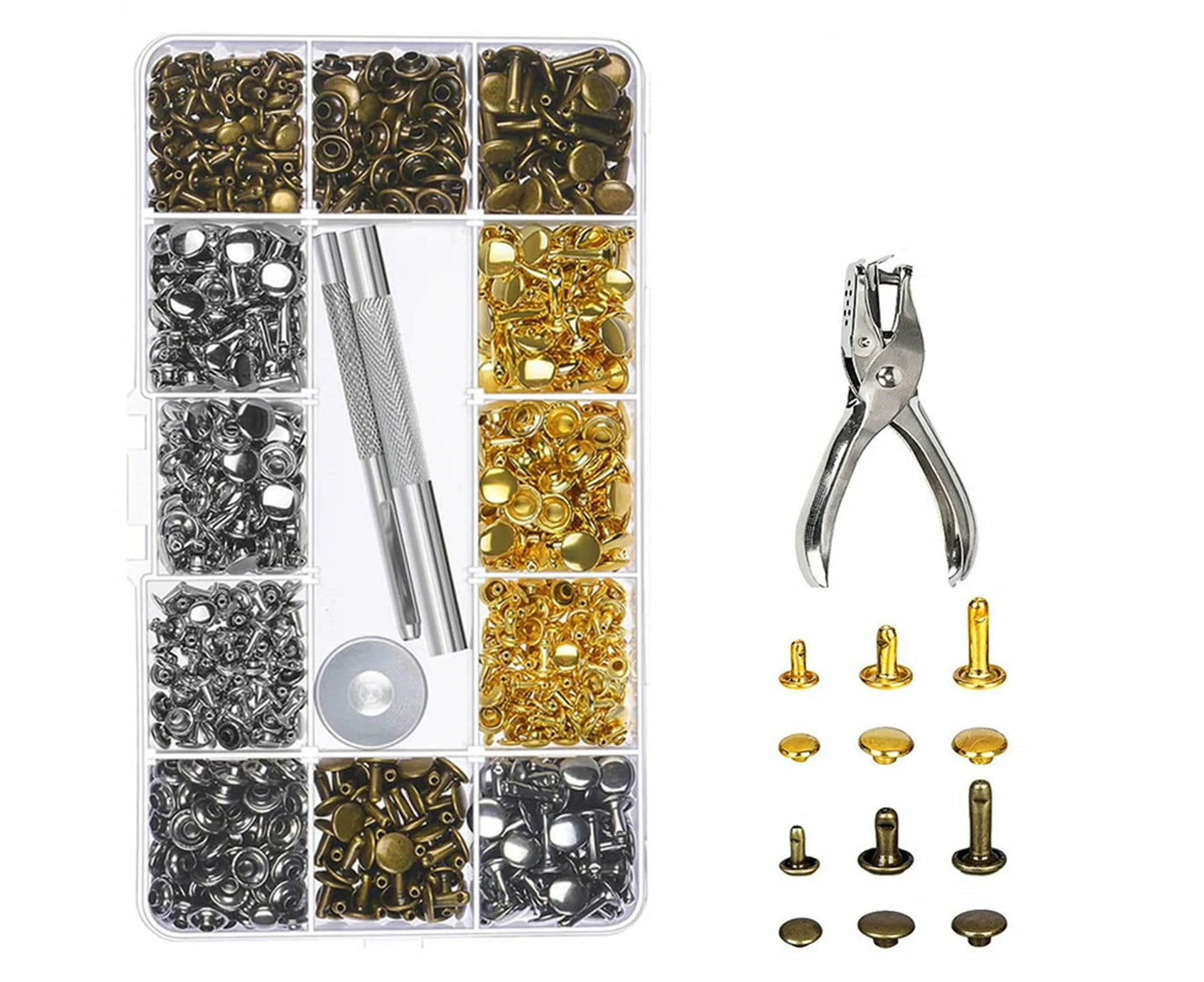 360Pcs Leather Craft Metal Double Cap Rivets Studs Fixing Tool Kit Hole Puncher