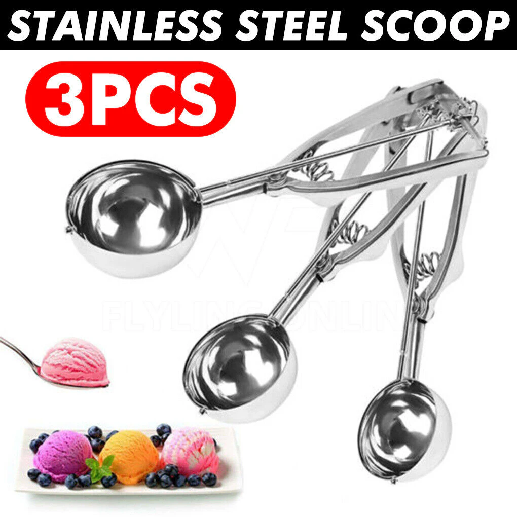 3PCS Stainless Steel Ice Cream Scoop Spoon Melon Baller Cookie Mash Muffin Spoon