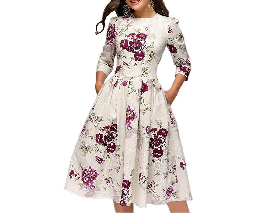 Strapsco Flavor Women's Floral Vintage Dress Elegant Evening Dress 3/4 Sleeves-White-5094