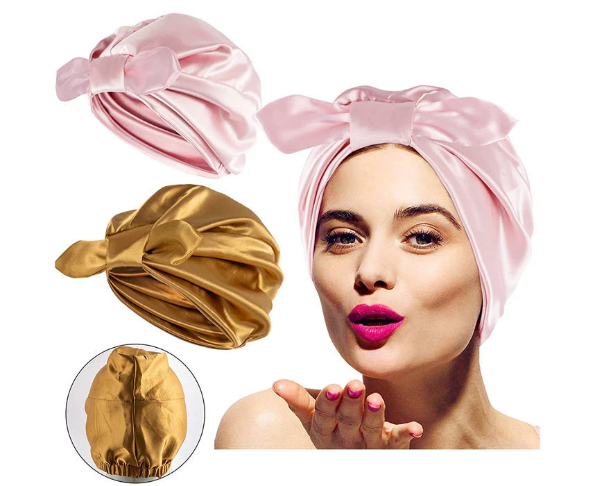 Beakey 2Pcs Silk Sleep Cap For Women Hair Care Natural Silk Night Bonnet With Elastic Stay On Head-Pink+Khaki