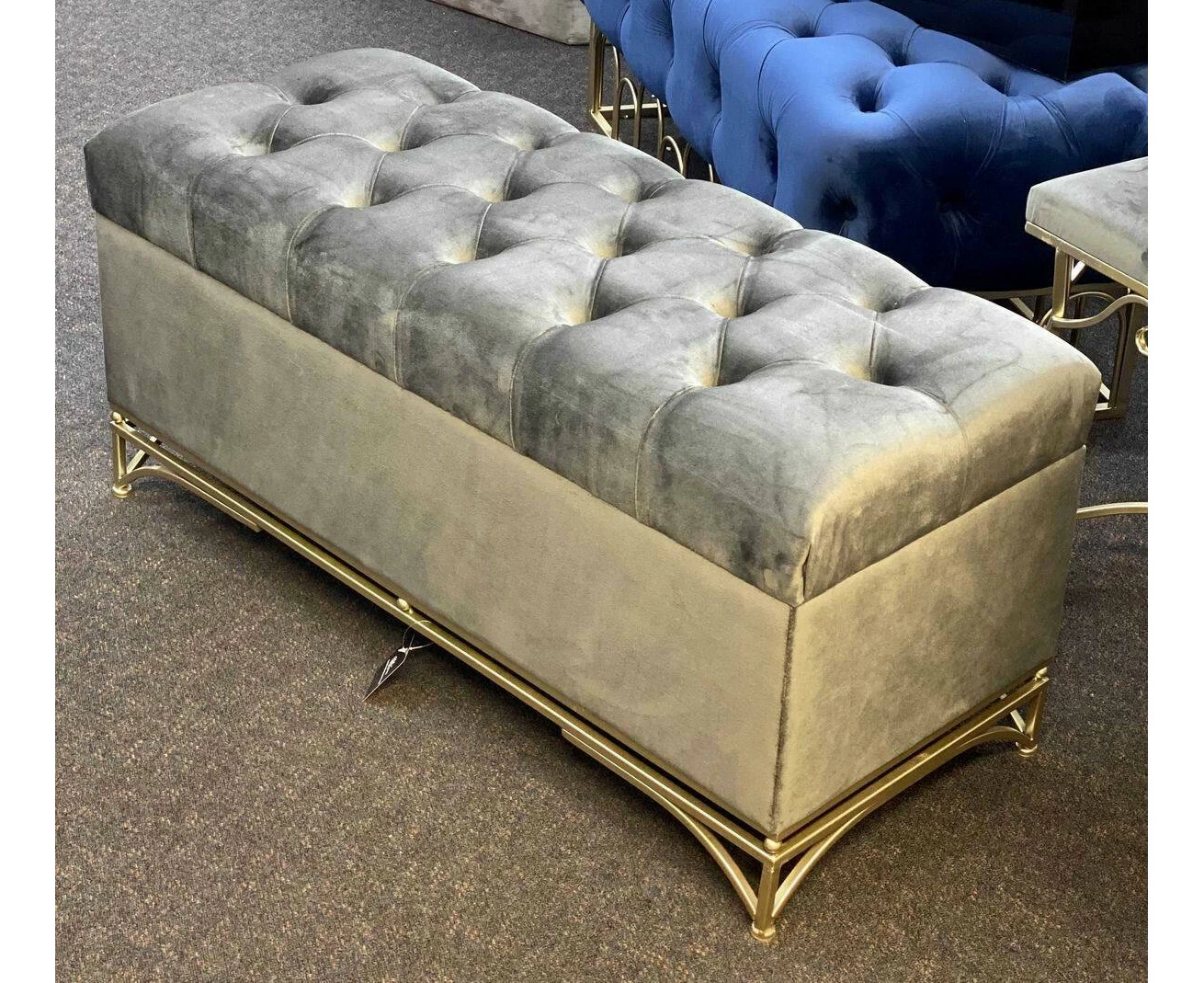 Tufted storage bench - grey velvet ottoman gold metal bases