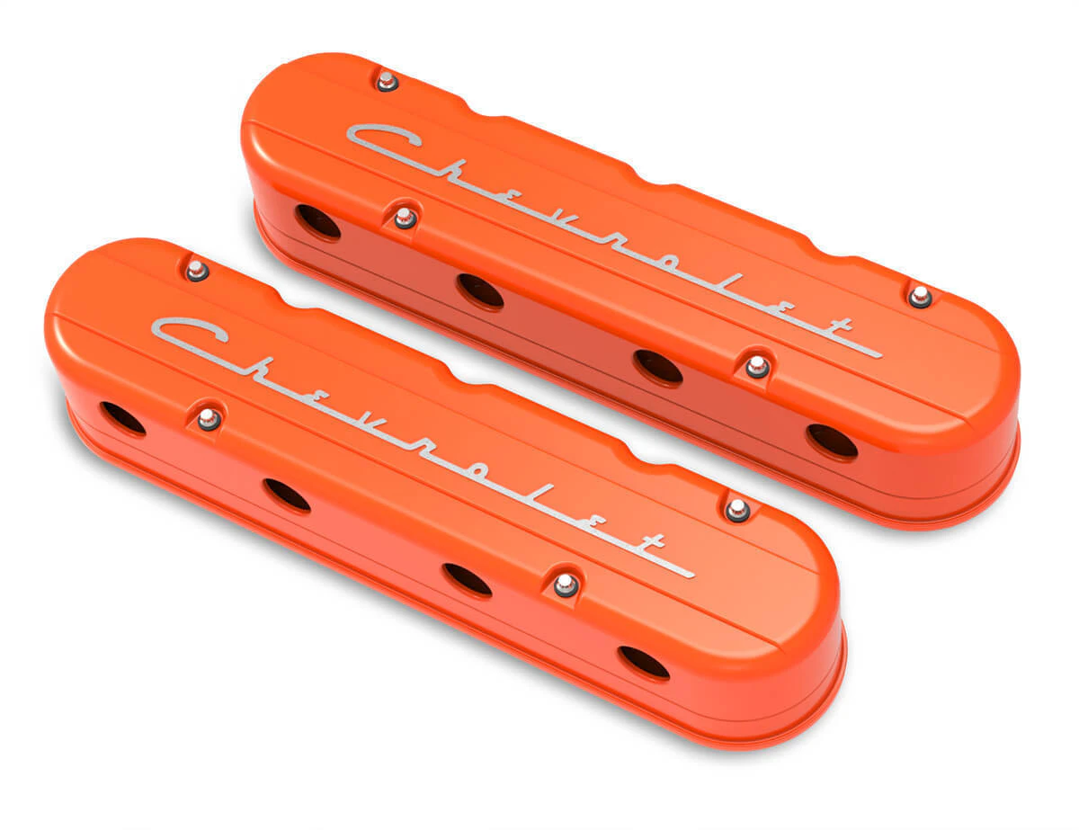 Holley Valve Cover Chevrolet Script 3.75 in. Height GM LS Engines Cast Aluminum Factory Orange Pair HL241-178