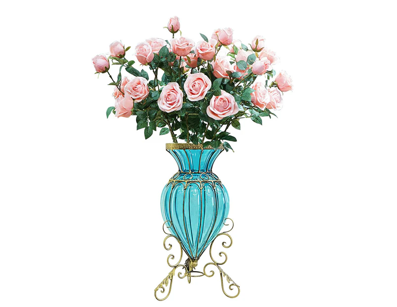 SOGA Blue Colored Glass Floor Flower Vase 8 Bunch 5 Heads Artificial Fake Silk Rose Home Decor Set
