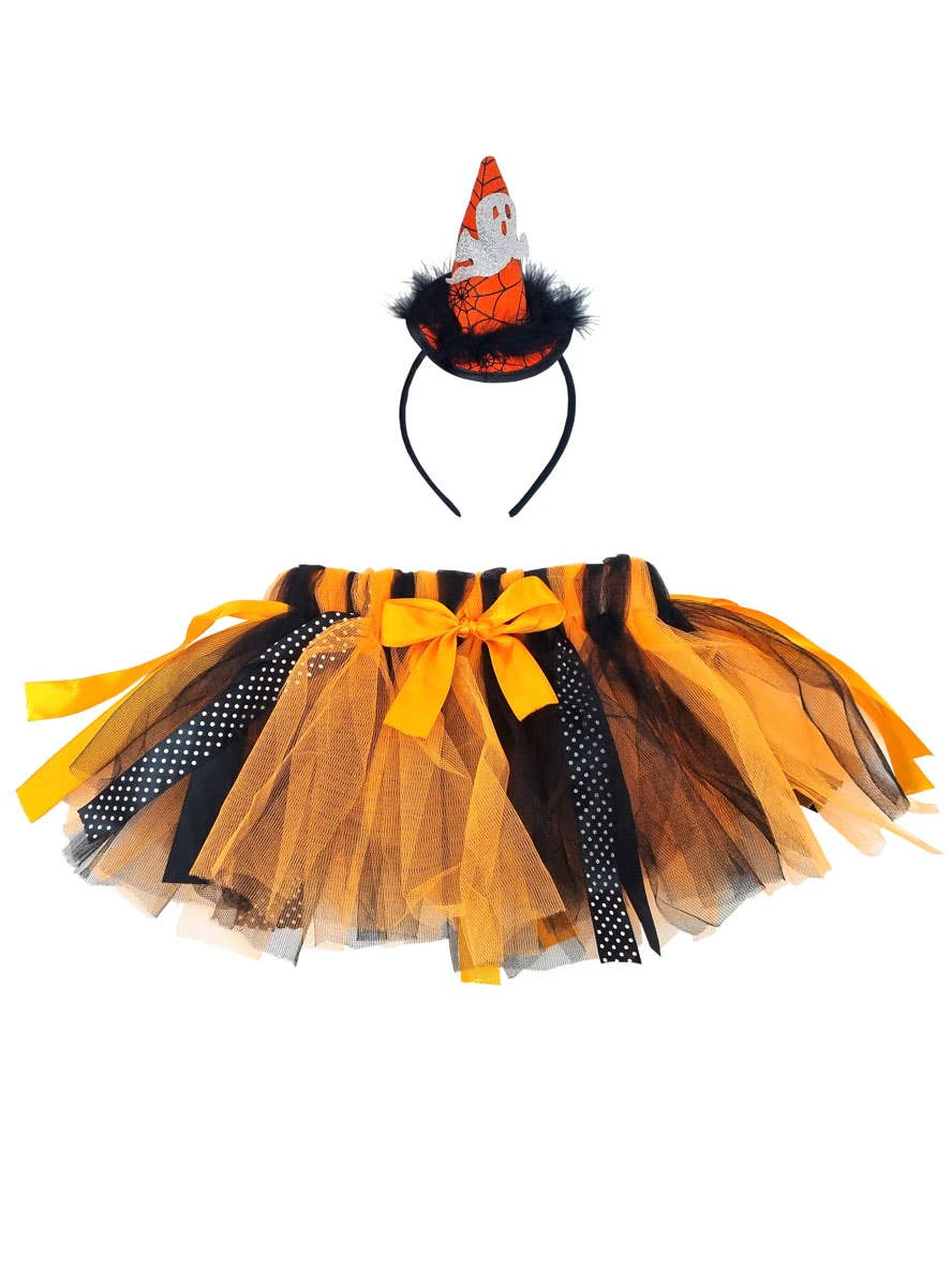 Spooky Black and Orange Girl's Witch Tutu Costume Set - New