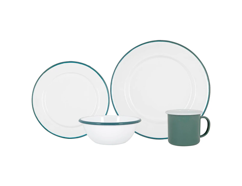 Argon Tableware 16pc Enamel Dinnerware Set - Steel Outdoor Camping Plates Bowls Mugs - Green