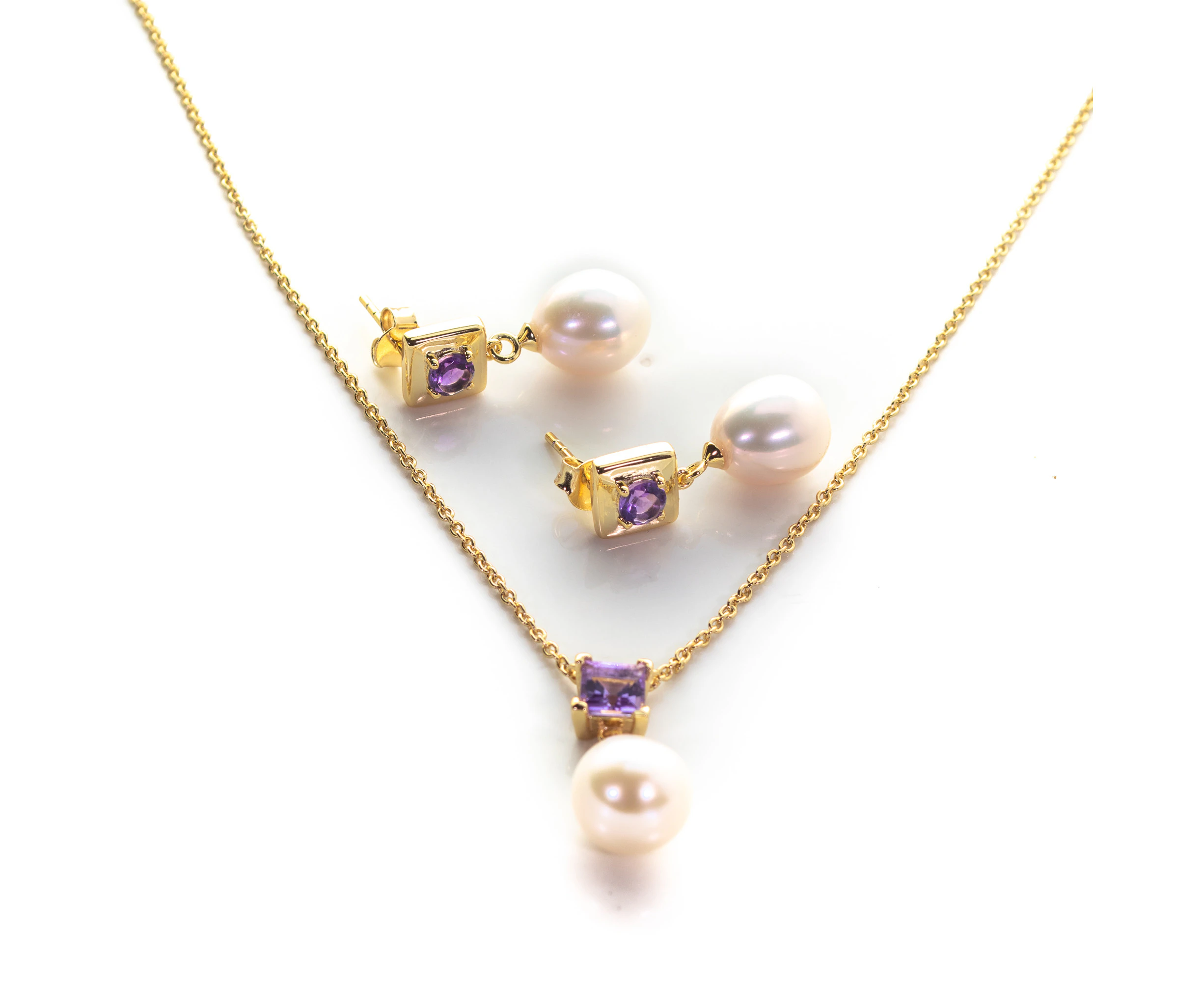 4 MM Round and 5 MM Square Amethyst Stone & 9 - 9.5 MM Cultured Freshwater Pearl Drop Earrings & Pendant Bombay Set in Silver 925 24CT Gold Plated