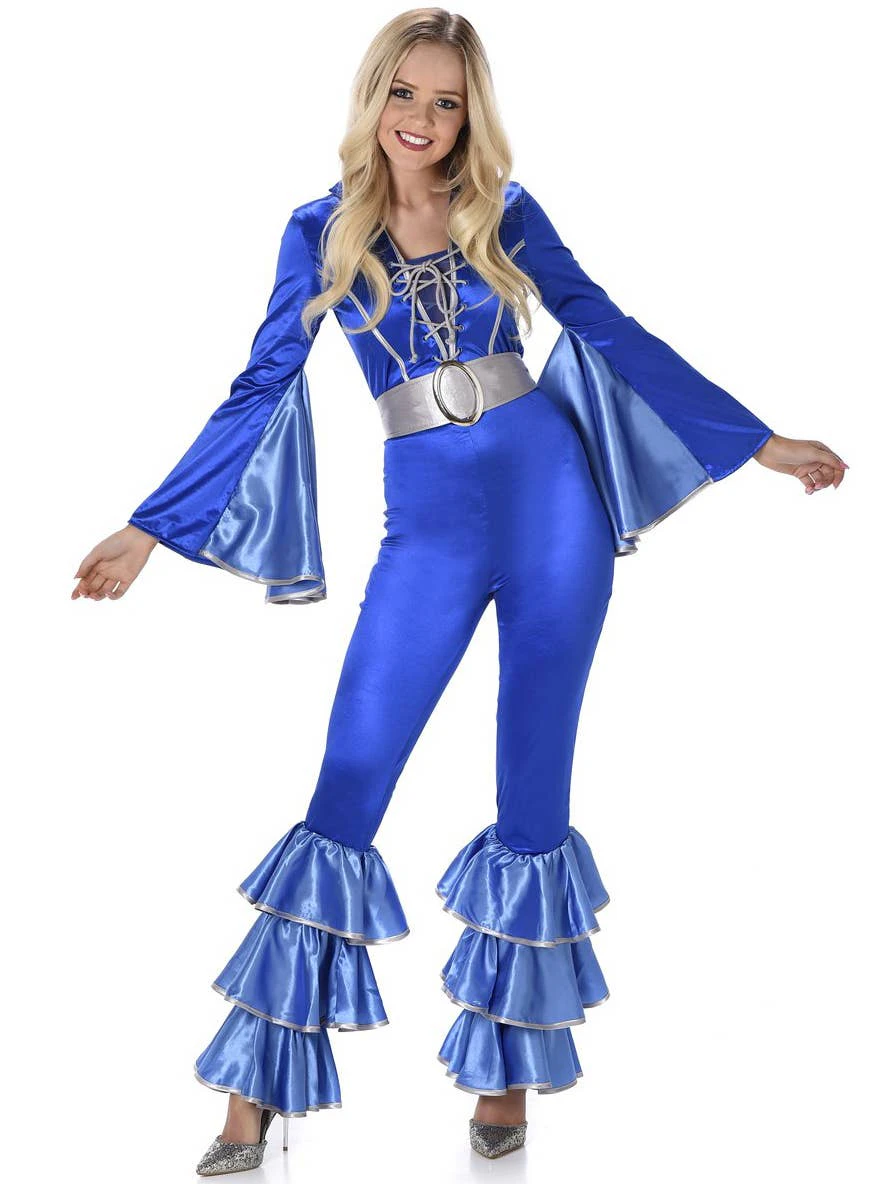 Metallic Blue 70s ABBA Style Womens Costume Jumpsuit Womens