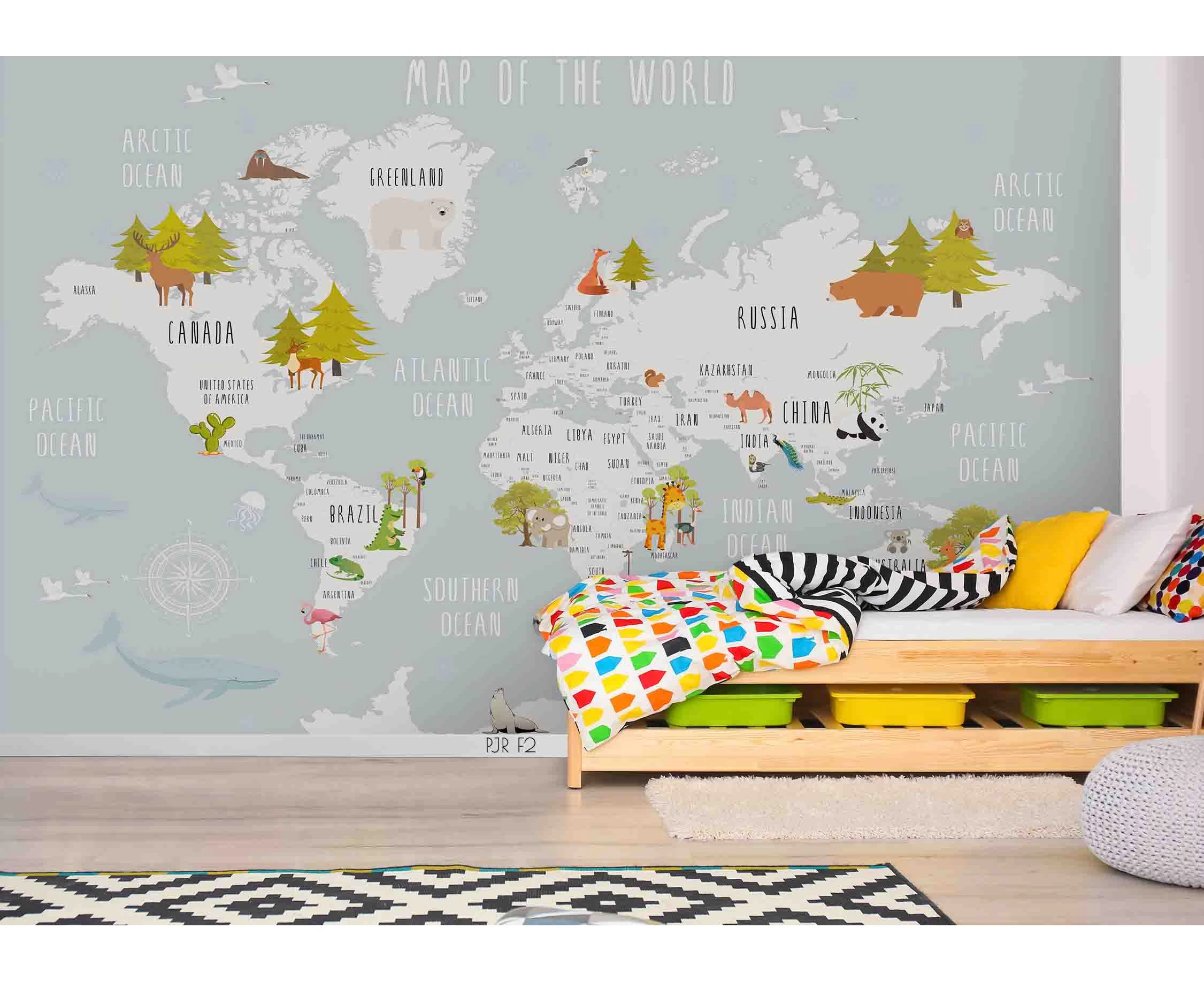 Jess Art Decoration 3D Cartoon World Map Wall Mural Wallpaper Wj 2123