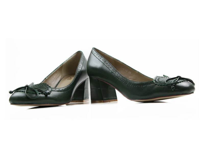 Zasel Frances Ladies Womens Dark Green Comfortable Low Shoes Heels Leather - Dark Green