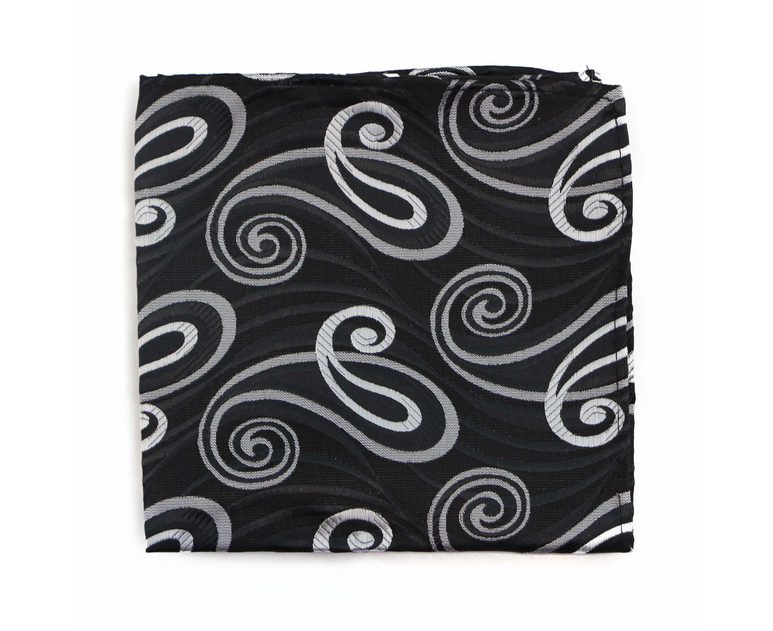 Mens Black, Silver & Grey Swirl Silk Pocket Square