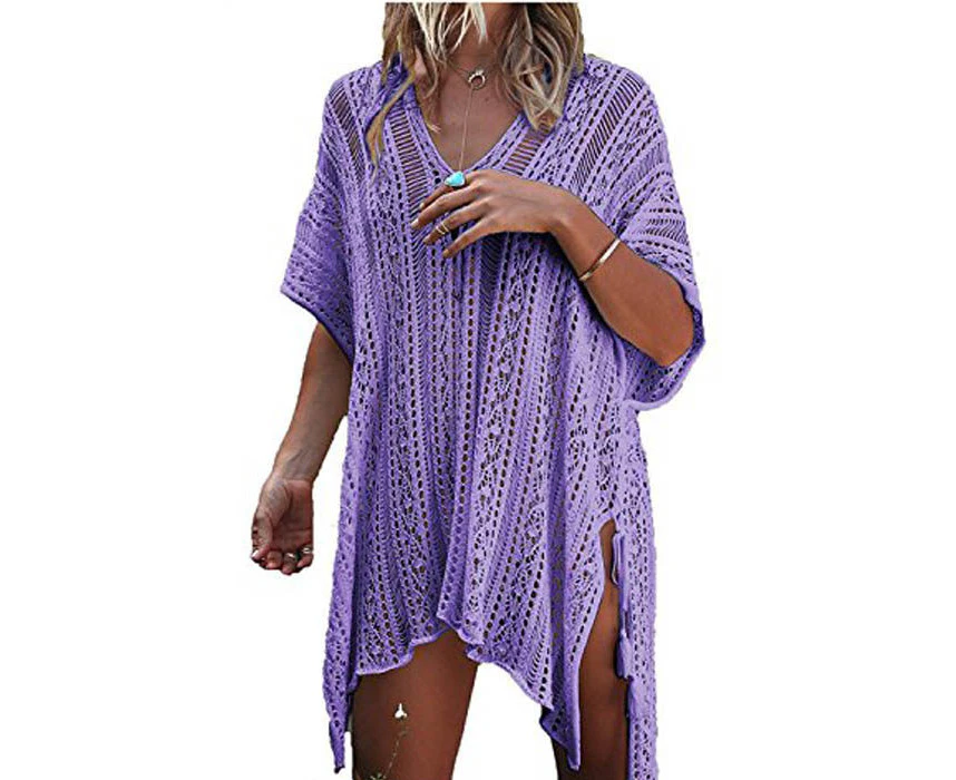 Strapsco Women's Swimsuit Beach Bikini Loose Blouse Knitted Blouse Stylish Beach Cover up-Light Purple