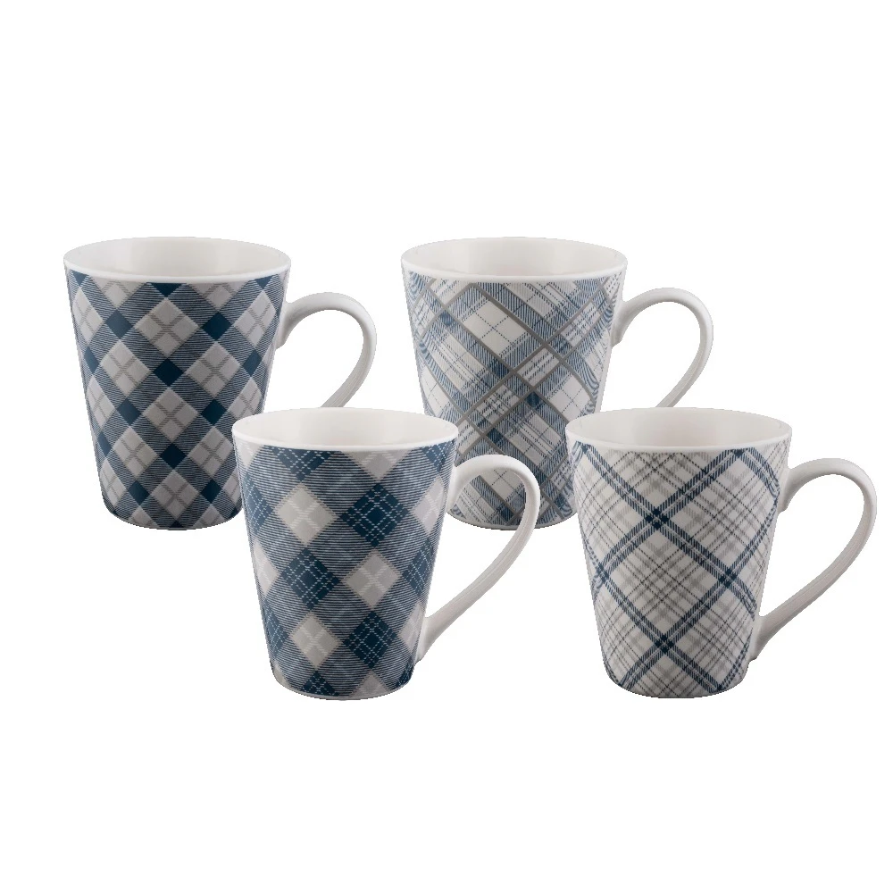 Bundanoon New Bone China Coffee & Tea Mugs Set 4 Tartan Blues 400ml