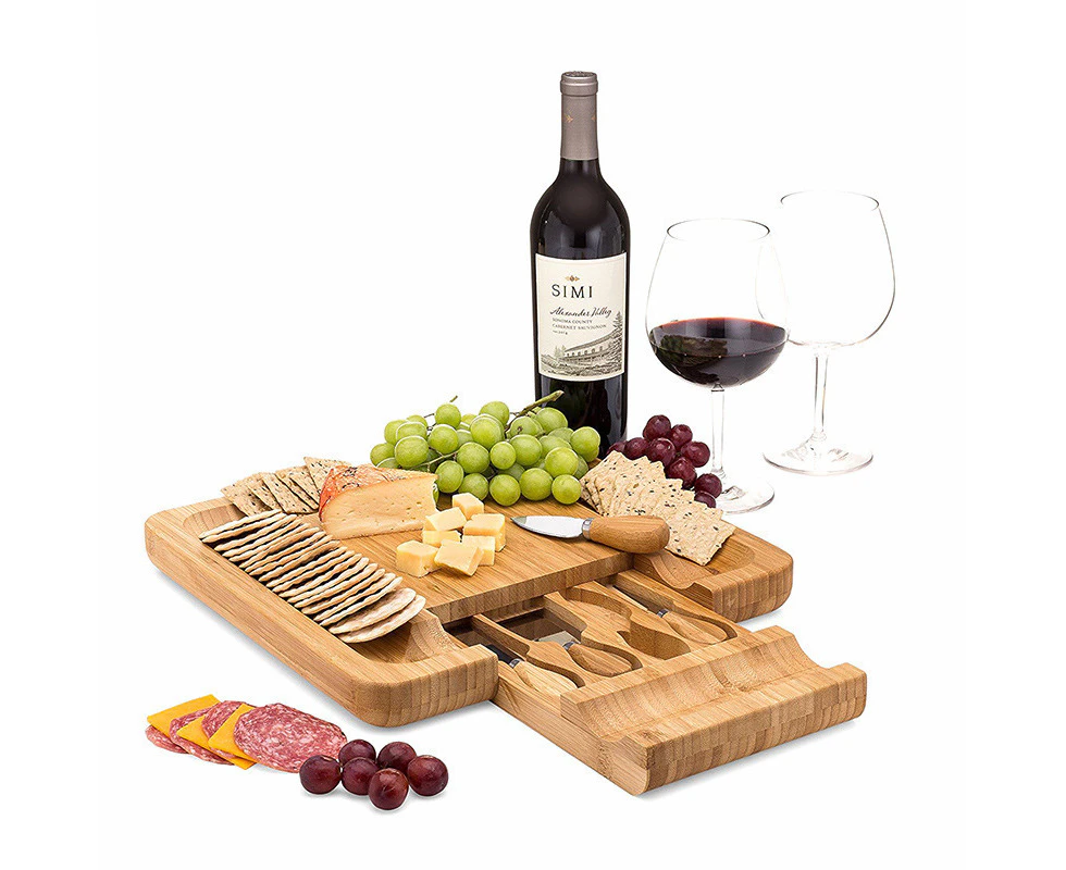 Adore Bamboo Cheese Cutting Board & Knife Gift Set Slide Out Drawer with 4 Stainless Steel Knives