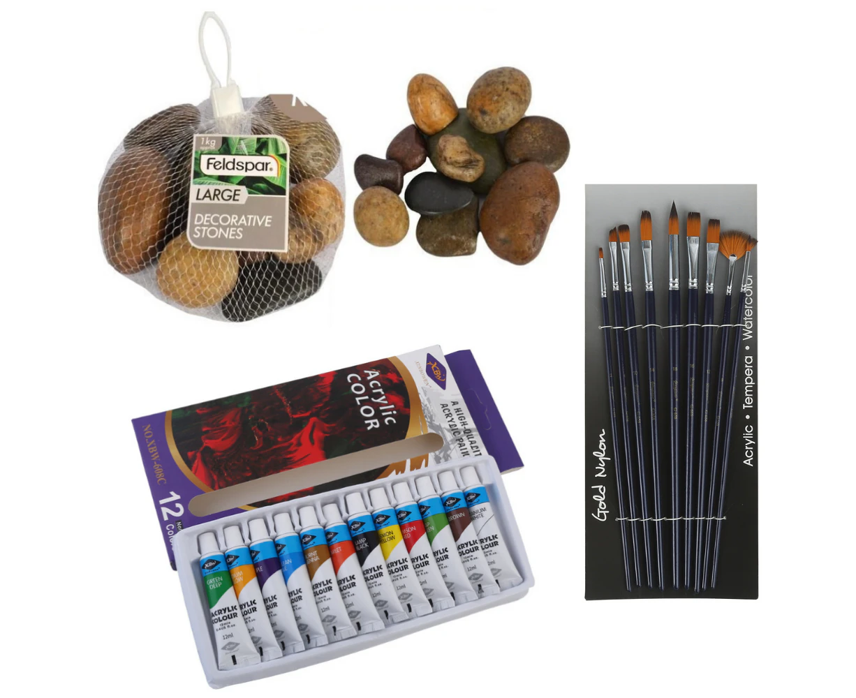 Rock Stone Painting Set 9 Brushes, 12 Colours, 1kg Natural Rocks Kids Activity