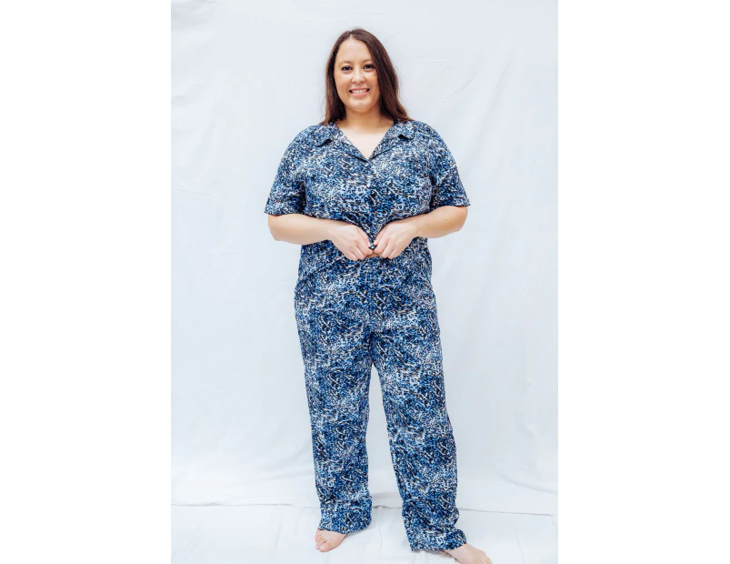 Ladies Pjs 18-24 Summer 2pc Short Sleeve Pyjamas Set Blue Leopard (8130) - Blue