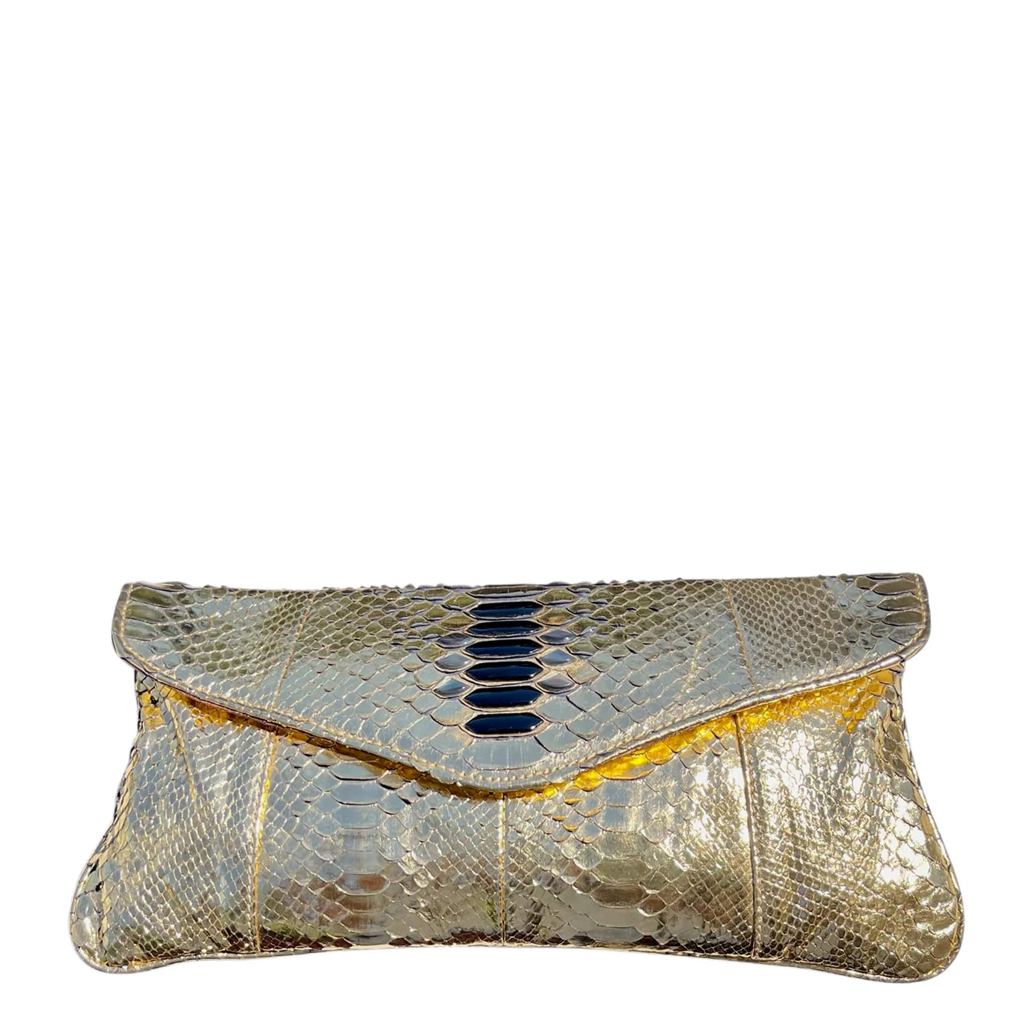 Metallic Gold Python Clutch With Onix And Grey Mother Pearl Decoration