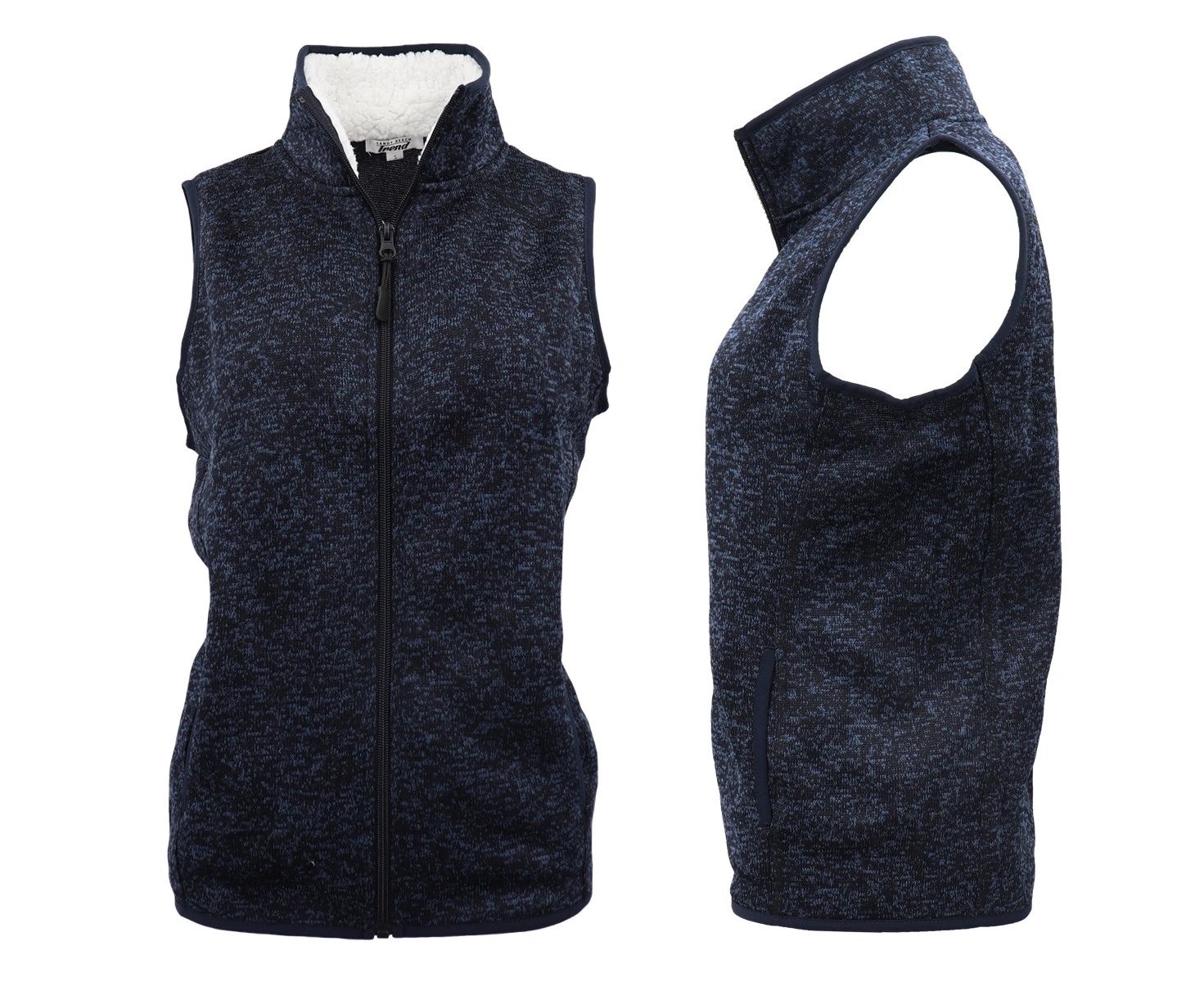 Women's Sleeveless Active Zip Up Sherpa Fur Collar Jacket Fleece Vest Waistcoat - Navy