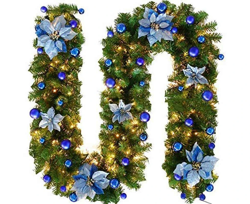 Madesmart 2.7M Christmas Garland with Lights Rattan Artificial Garland Green for Indoor Home Fireplace Stair Decorations-Blue