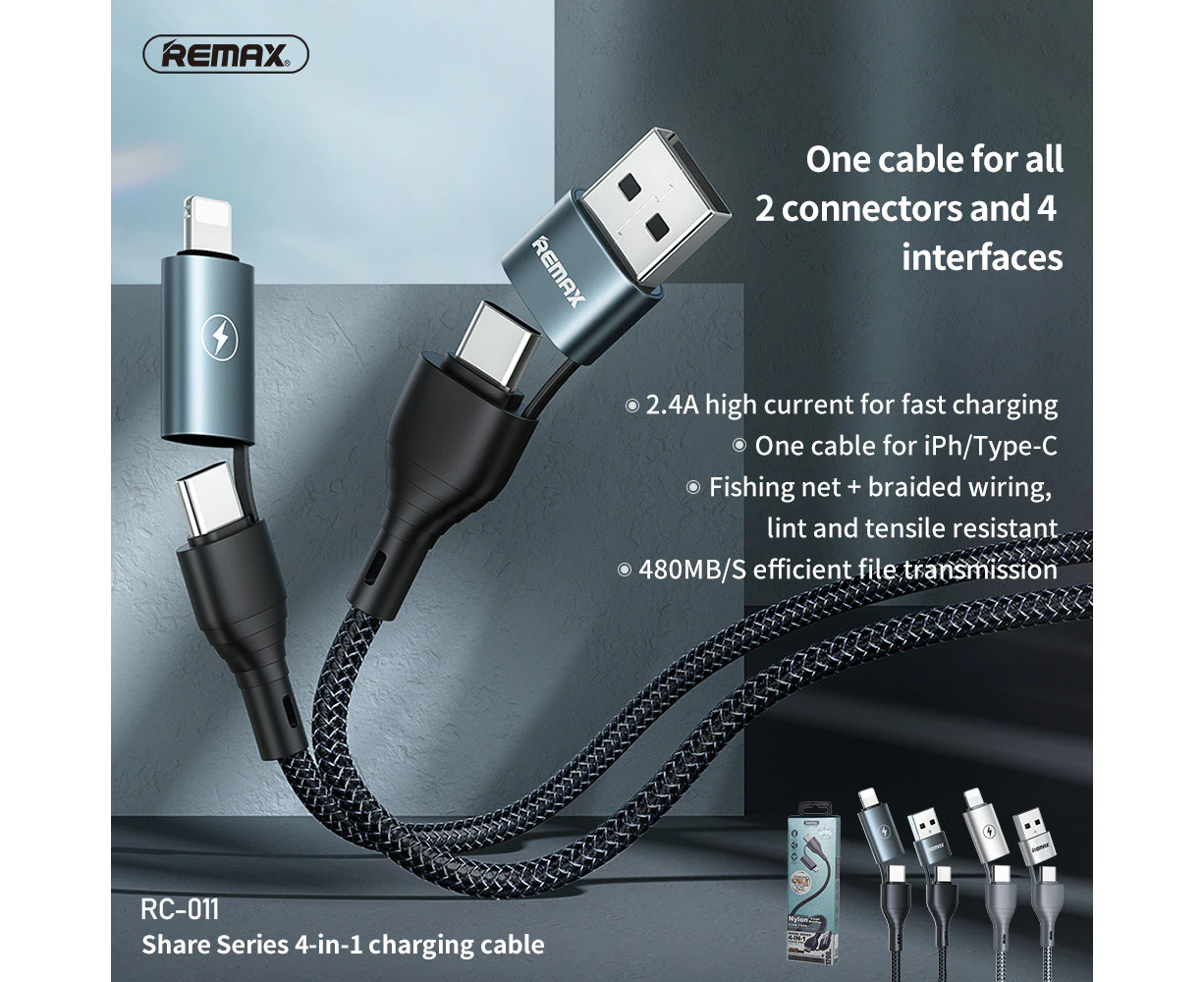 Phone cable REMAX 4 in 1 Lightning Micro USB Type-C 2.4A cable Silver