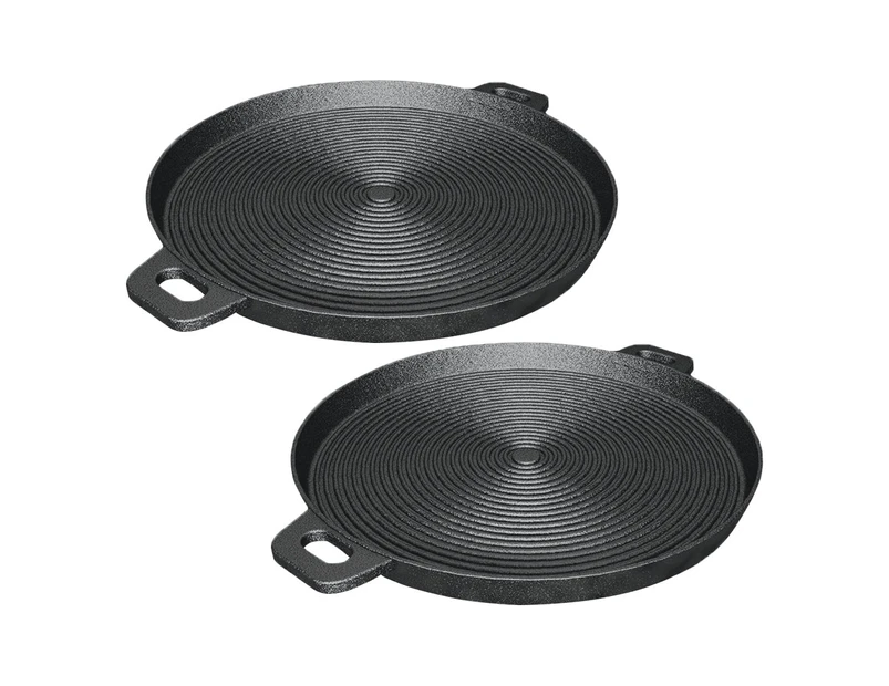 SOGA 2X 35cm Round Ribbed Cast Iron Frying Pan Skillet Steak Sizzle Platter with Handle