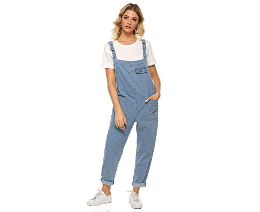 Strapsco Womens Casual Loose Baggy Jean Jumpsuit Overalls With Pockets-Light Blue