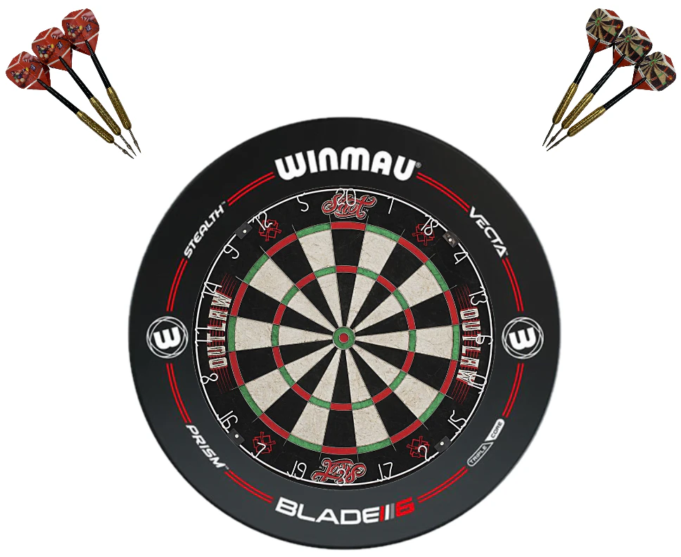 SHOT DARTS Outlaw Bristle Dart board + Winmau Pro-Line Dartboard Surround