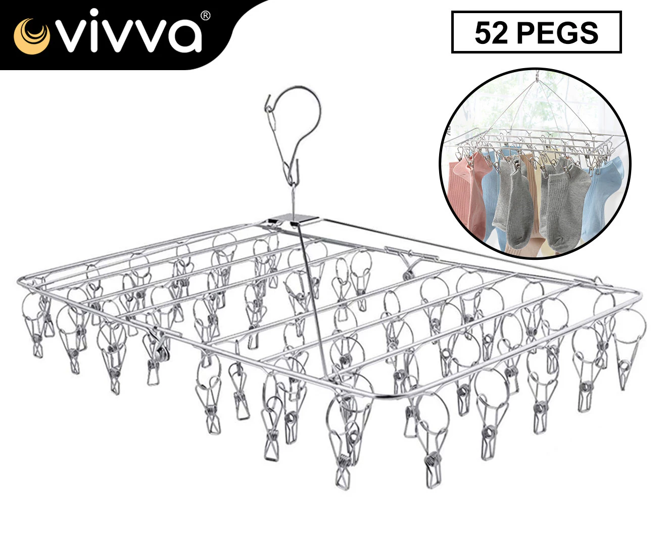 VIVVA 52 Pegs Stainless Steel Laundry Sock Underwear Clothes Airer Dryer Rack Hanger AU