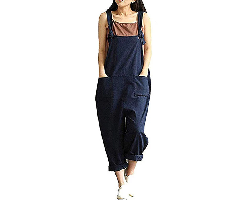 Strapsco Womens Casual Overalls Baggy Wide Leg Loose Rompers Jumpsuit With Pocket-Blue