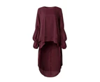Strapsco Womens Lantern Long Sleeve Round Neck Irregular Hem Casual Tops Dress-Wine Red