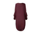 Strapsco Womens Lantern Long Sleeve Round Neck Irregular Hem Casual Tops Dress-Wine Red