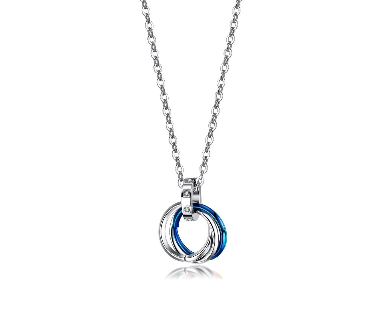 Titanium Steel Three Ring Pendant Necklace, Men's Stainless Steel Necklace Round - 22 Inch/Blue