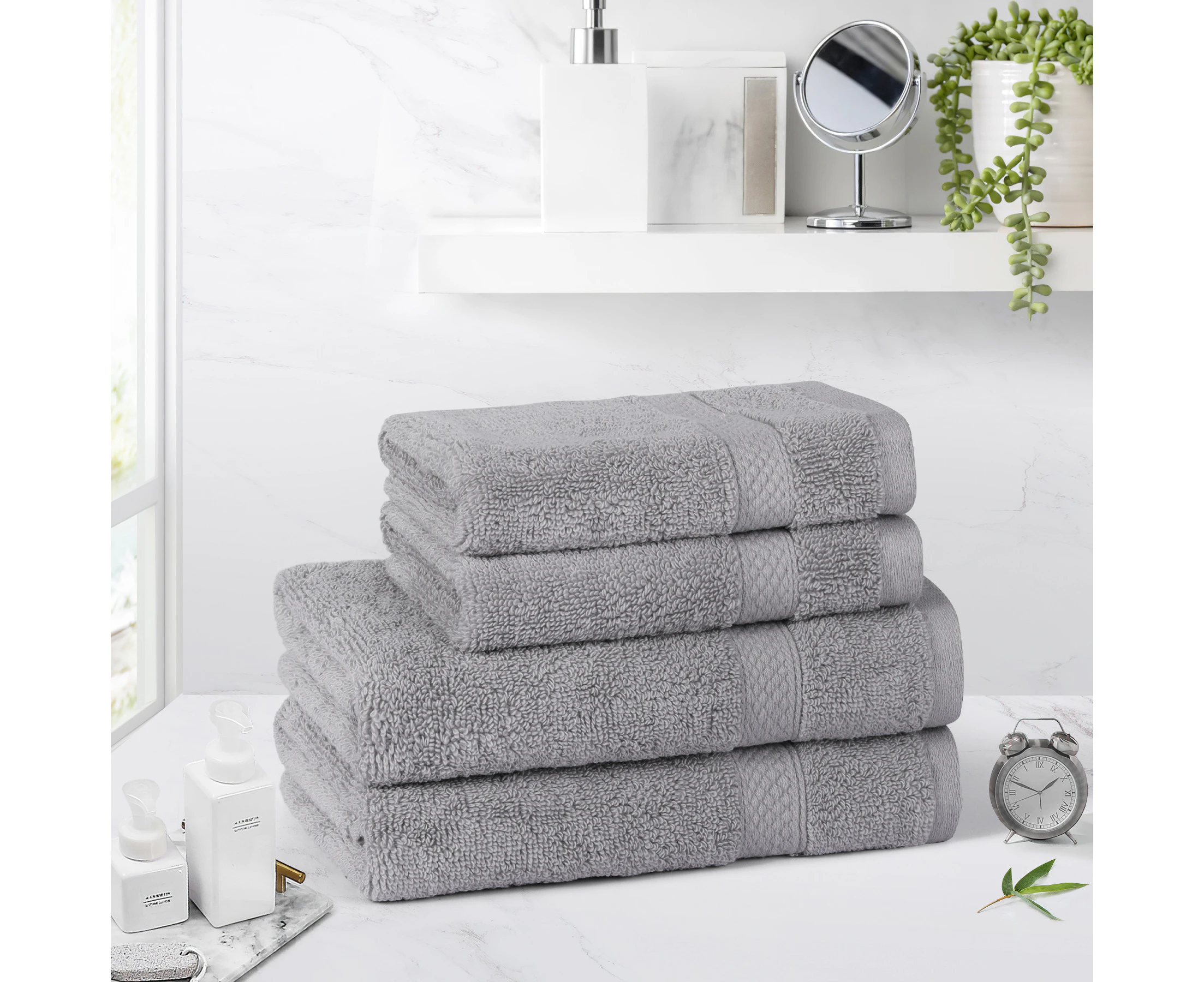 Justlinen 650Gsm 4Pieces Cotton Bathroom Face Towel Hand Towel Soft Set-Silver