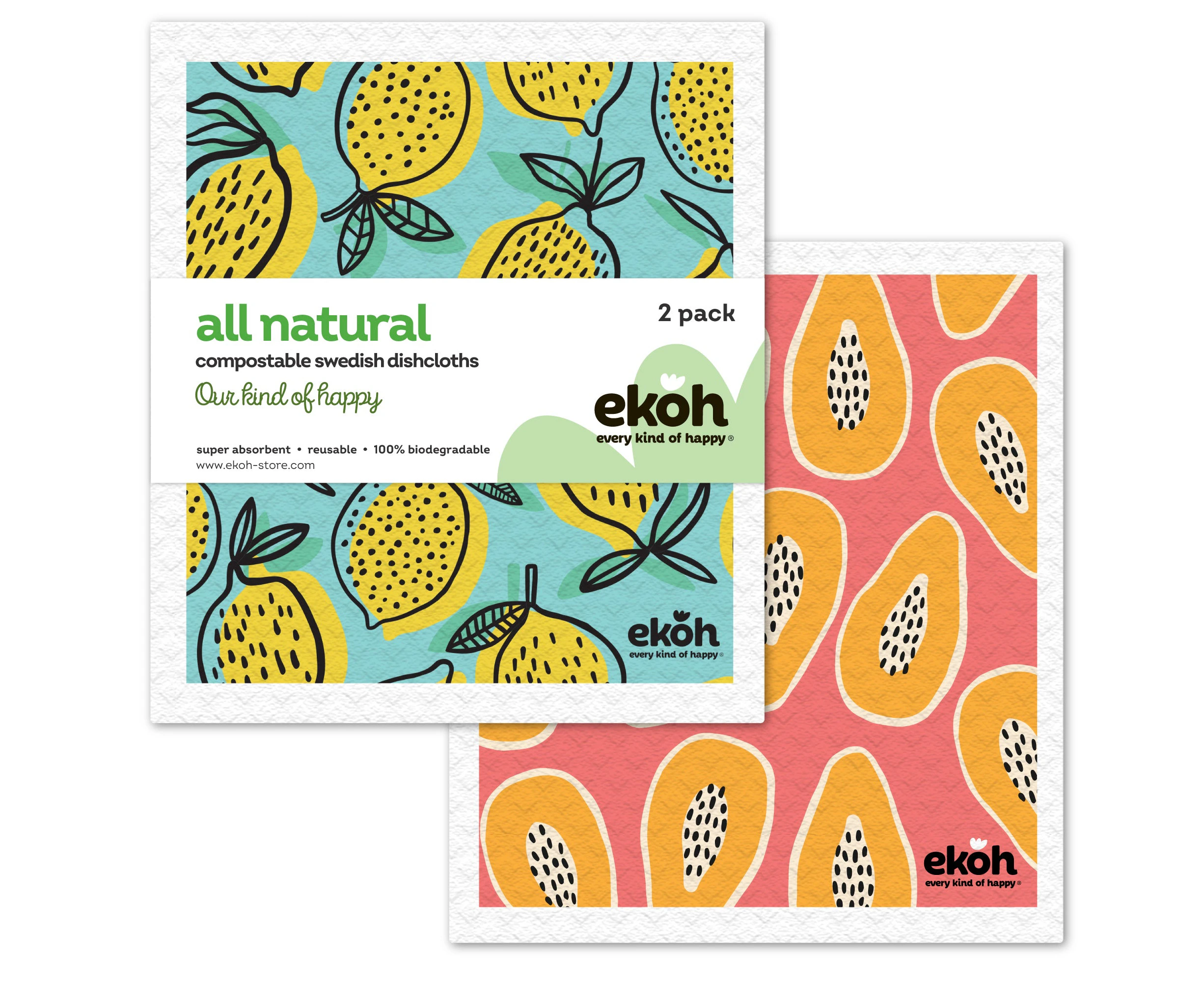 Eco Sponge Cloths Swedish Dish Cloth Printed Compostable Cleaning Cloth 2 Pack Papaya & Lemons