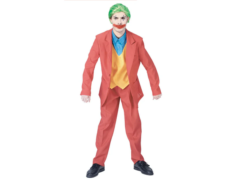 Adult Mens Halloween Maroon Clown Costume Joker Creepy Evil Jester