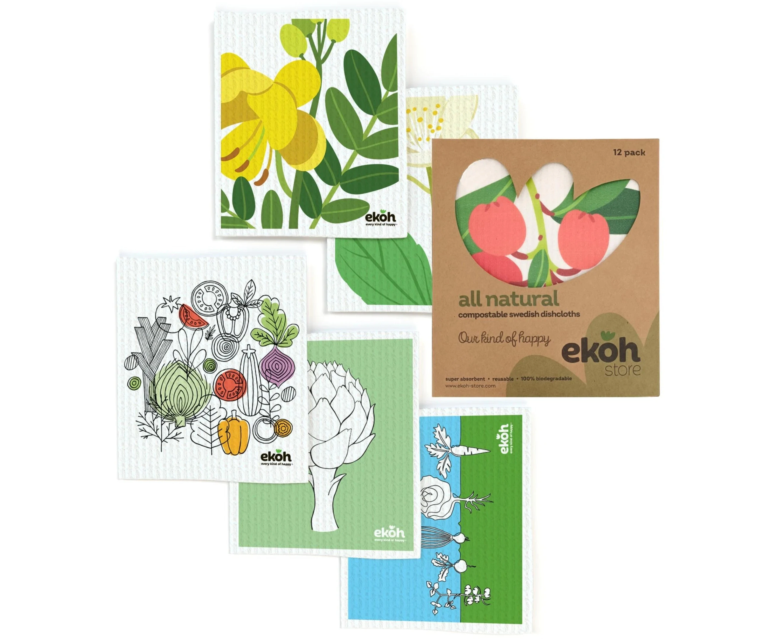 Swedish Dishcloths 12 Pack Multi Purpose Kitchen Cloths Eco Sponge Cloths & Cleaning Cloths  - Original Botanical Prints