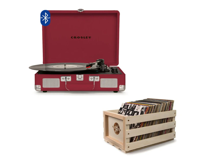 Crosley Cruiser Burgundy - Bluetooth Receiver and Transmitter Portable Turntable + Record Storage Crate CRIW8005FSC-BU4