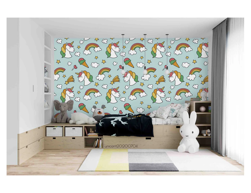 Jess Art Decoration 3D Cartoon Rainbow Smiley Unicorn Blue Wall Mural Wallpaper Lxl 262