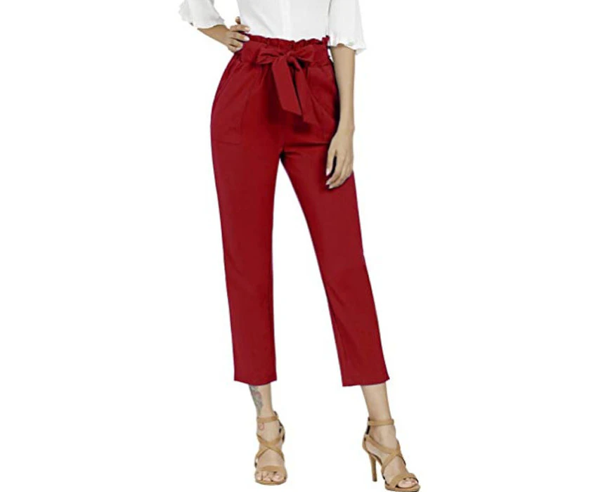 Strapsco Womens Casual Loose Paper Bag Waist Long Pants With Bow Tie Belt Pockets-Wine Red